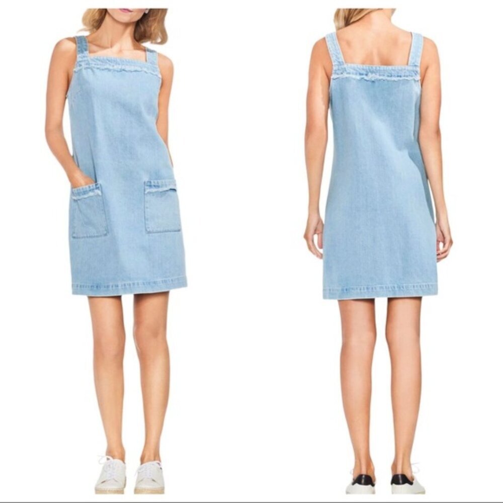 Vince Camuto Denim Fringe Overall Shift Dress Cotton Front Pockets XS Jumper - Picture 1 of 4